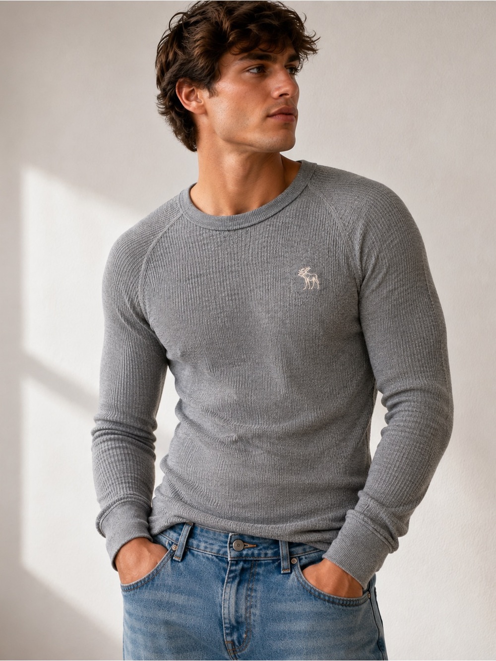 Abercrombie & Fitch Y2K Men’s Large Muscle Gray Waffle Thermal Moose Shirt